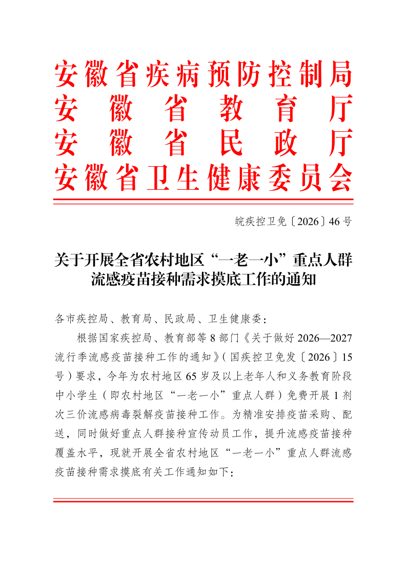 皖疾控卫免〔2026〕46号  关于开展全省农村地区“一老一小”重点人群流感疫苗接种需求摸底工作的通知（8.4定稿印发）(3)_1.png